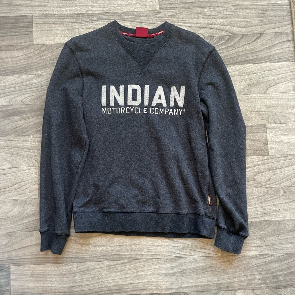 Indian motorcycle sweater embroidered size small grey white spellout